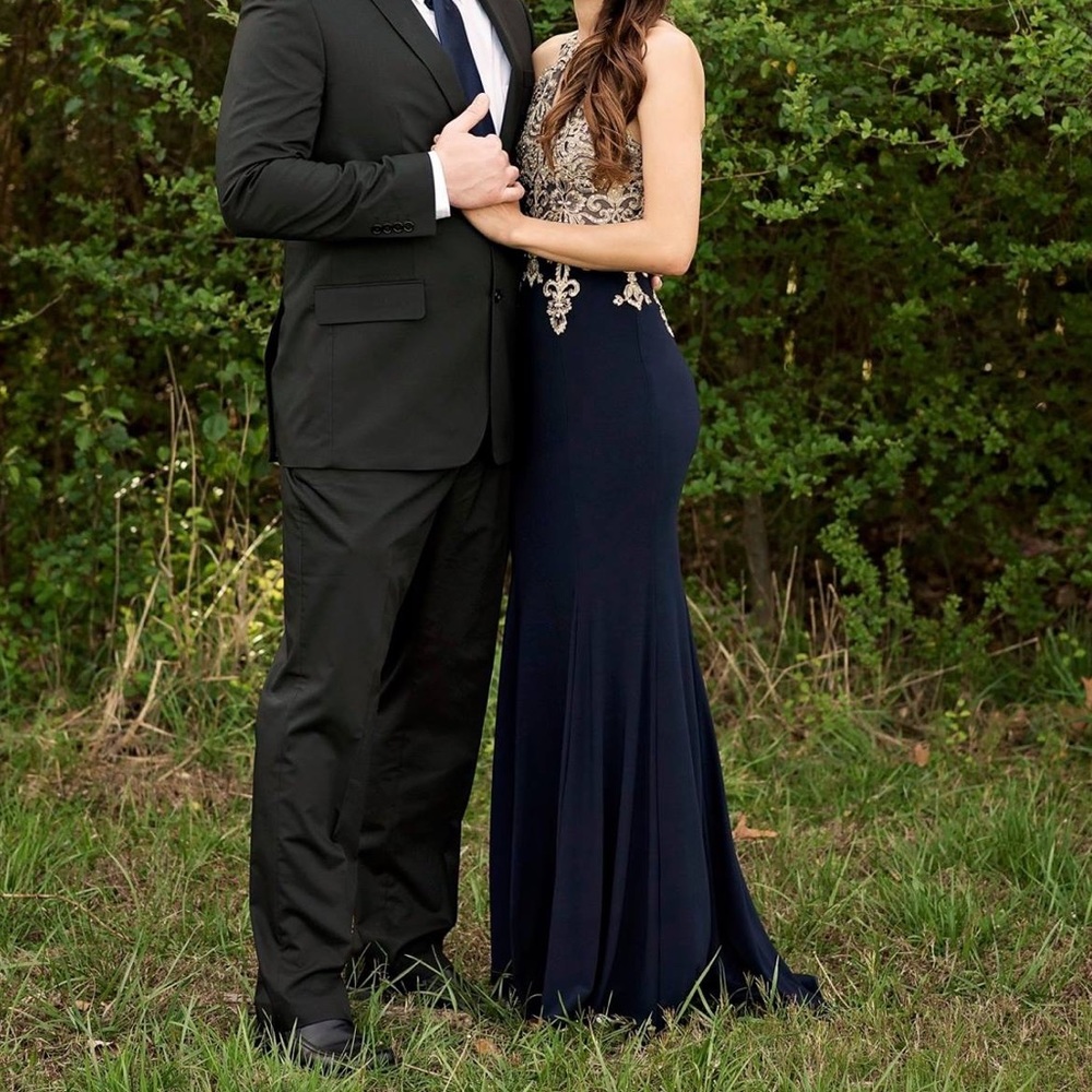 Xscape navy and gold gorgeous gown! Size 2